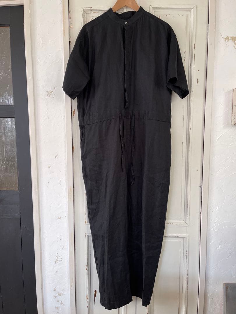 かぐれ　リネンハーフスリーブオールインワン　オーバーオール　ブラック　黒