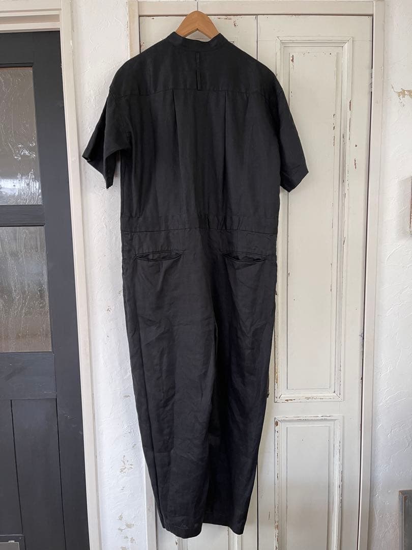 かぐれ　リネンハーフスリーブオールインワン　オーバーオール　ブラック　黒