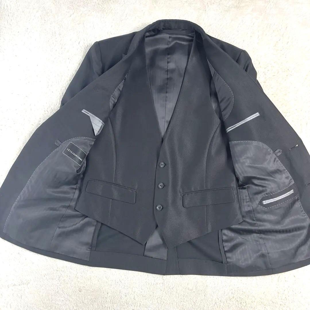 テットオム 黒 ブラック 光沢 タイト スリーピーススーツ