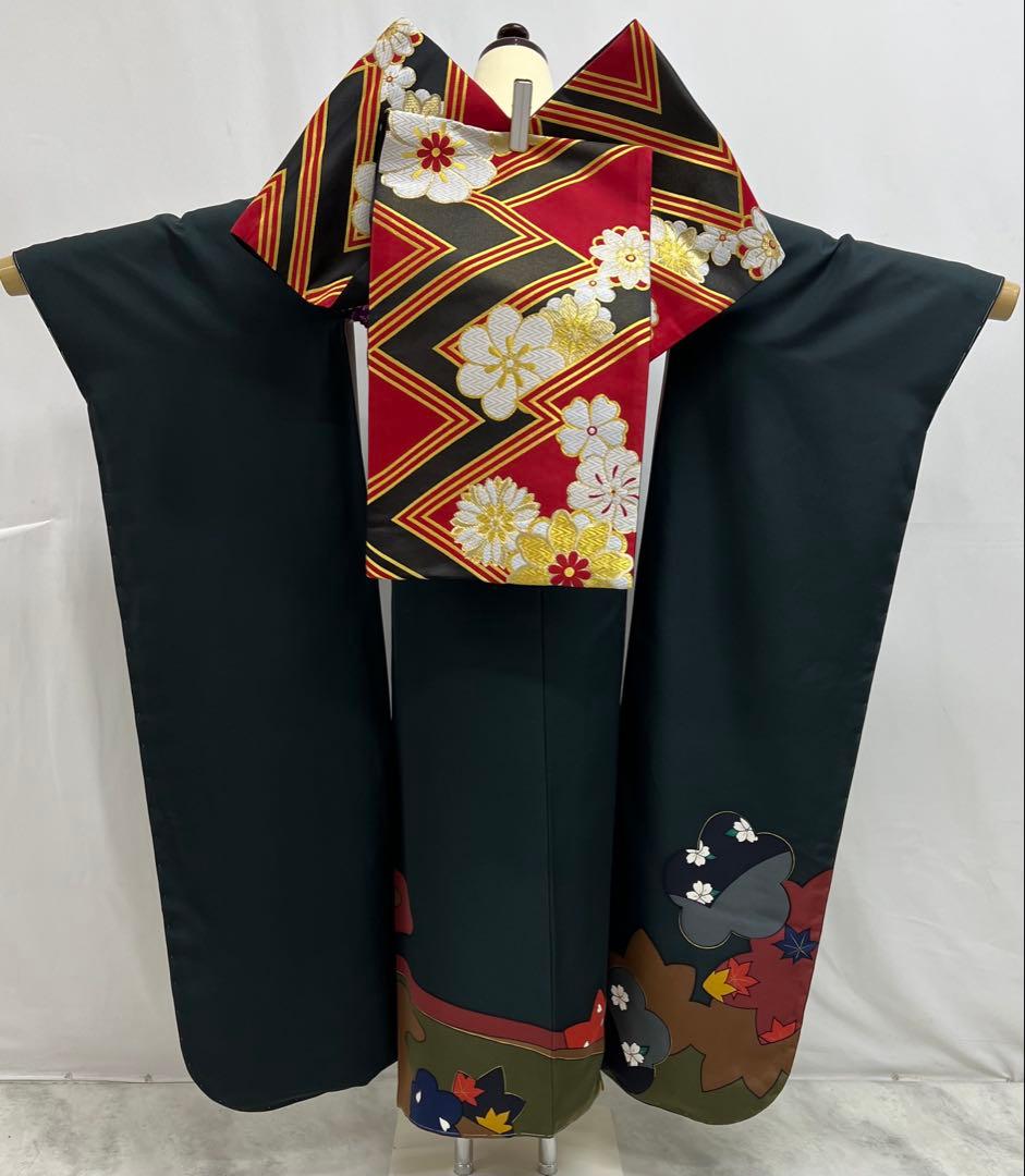 振り袖　フルセット　 玄才　金彩　しつけ付　成人式　深緑　全通長尺袋帯　590