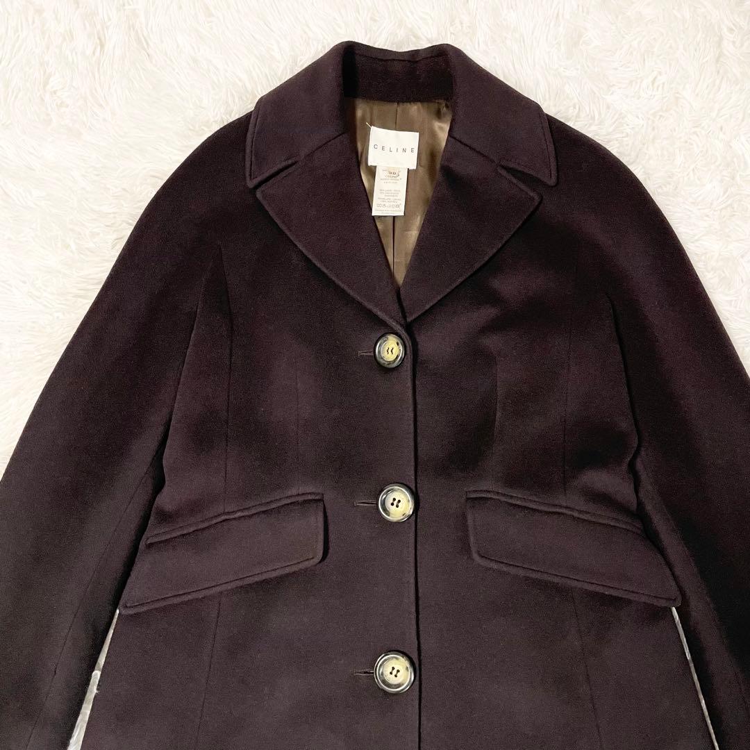 【極美品】CELINE ウールカシミヤ ロングコート 38 濃茶 ロゴボタン