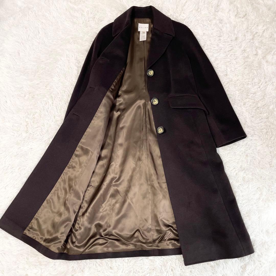 【極美品】CELINE ウールカシミヤ ロングコート 38 濃茶 ロゴボタン