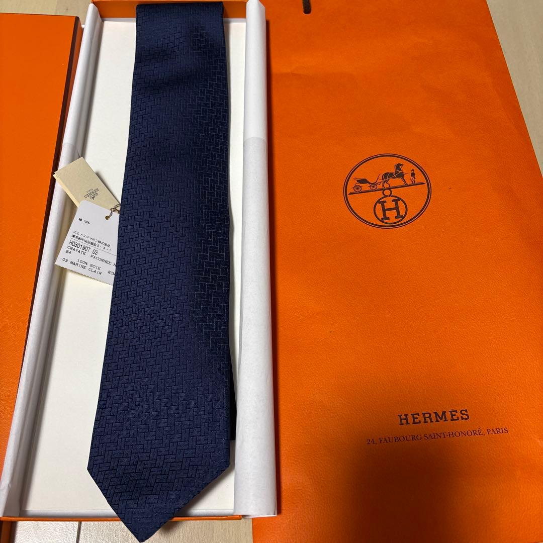 Hermès ネイビー シルク ネクタイ