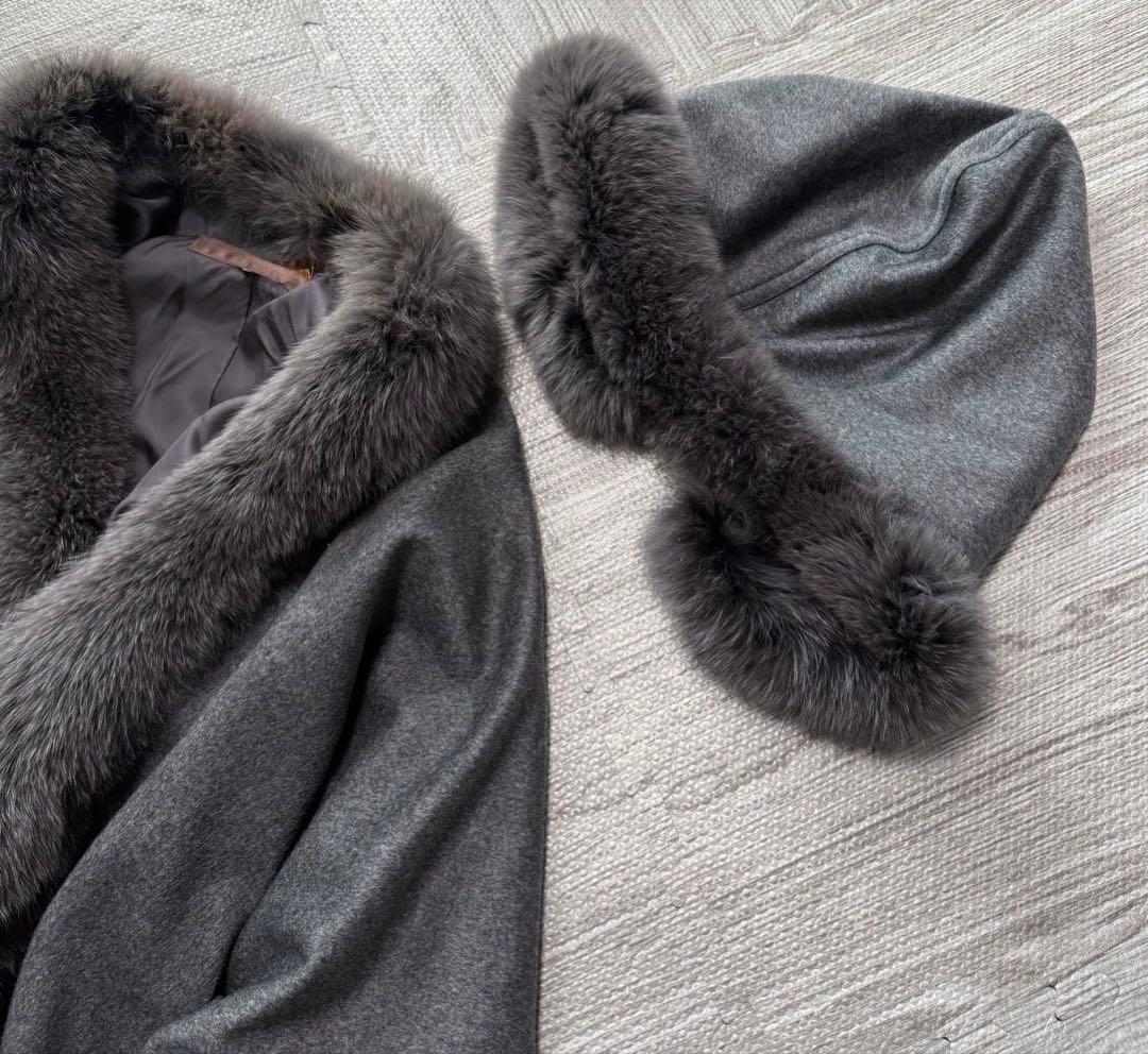 BALMAIN 高級 カシミヤ フォックスファー ポンチョ ケープコート グレー
