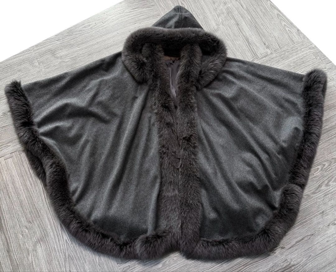 BALMAIN 高級 カシミヤ フォックスファー ポンチョ ケープコート グレー