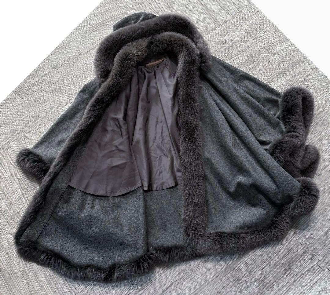 BALMAIN 高級 カシミヤ フォックスファー ポンチョ ケープコート グレー