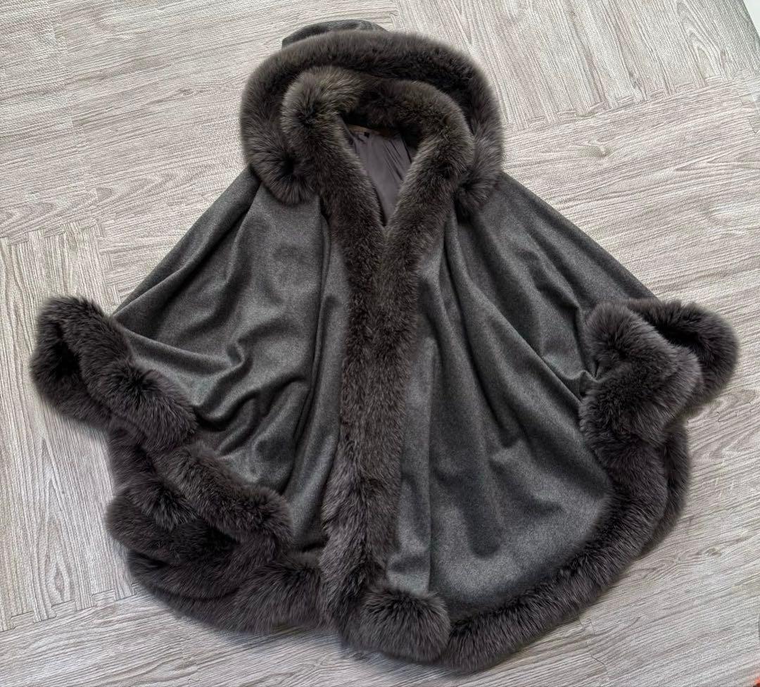 BALMAIN 高級 カシミヤ フォックスファー ポンチョ ケープコート グレー