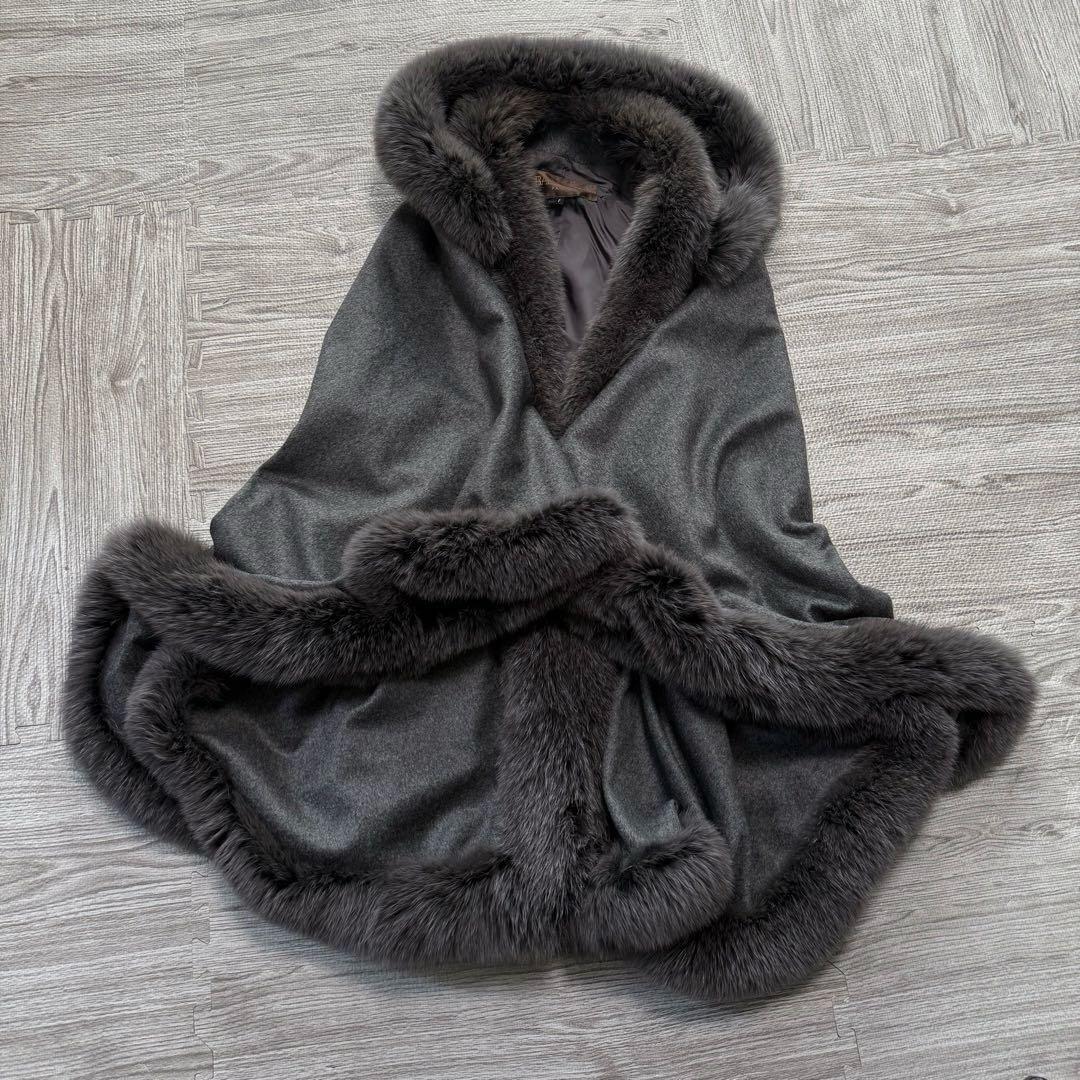 BALMAIN 高級 カシミヤ フォックスファー ポンチョ ケープコート グレー