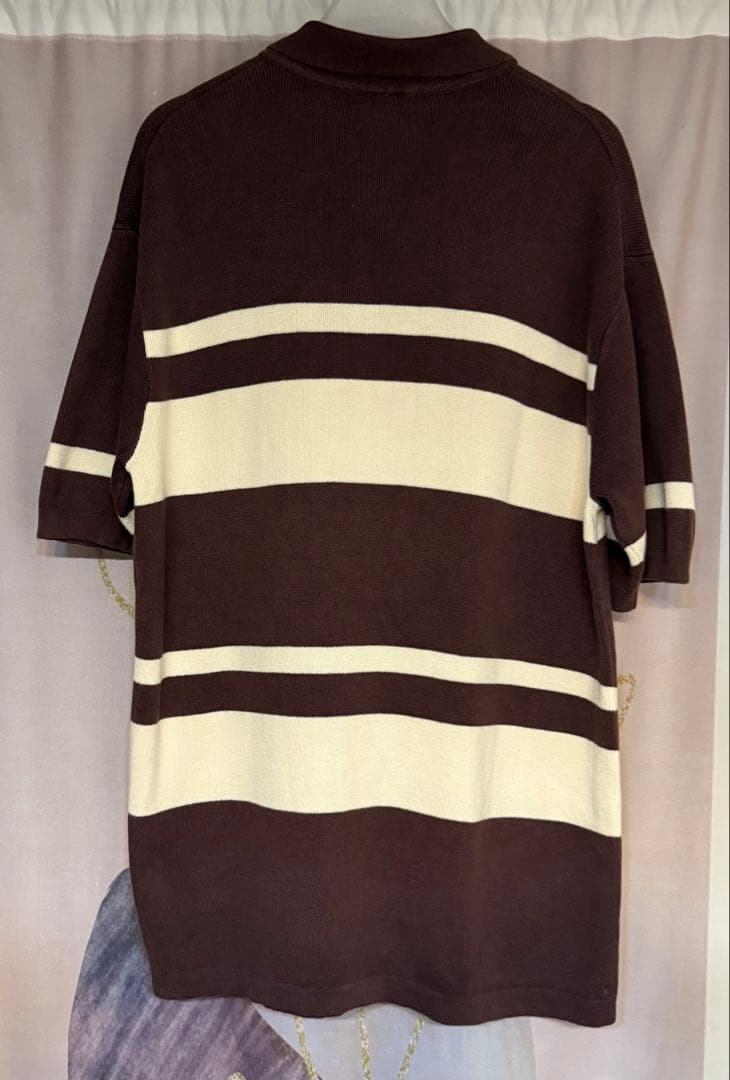 ラコステ クラシック ボーダー ウォッシュド ニットポロシャツ ブラウン