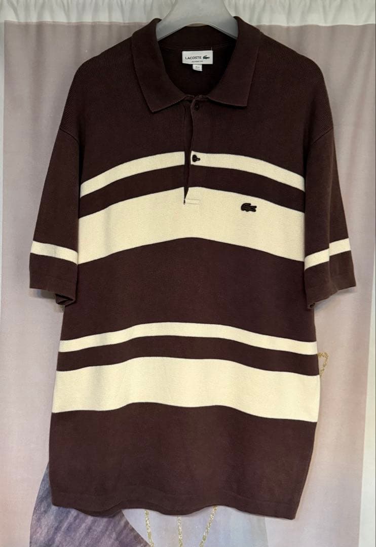 ラコステ クラシック ボーダー ウォッシュド ニットポロシャツ ブラウン