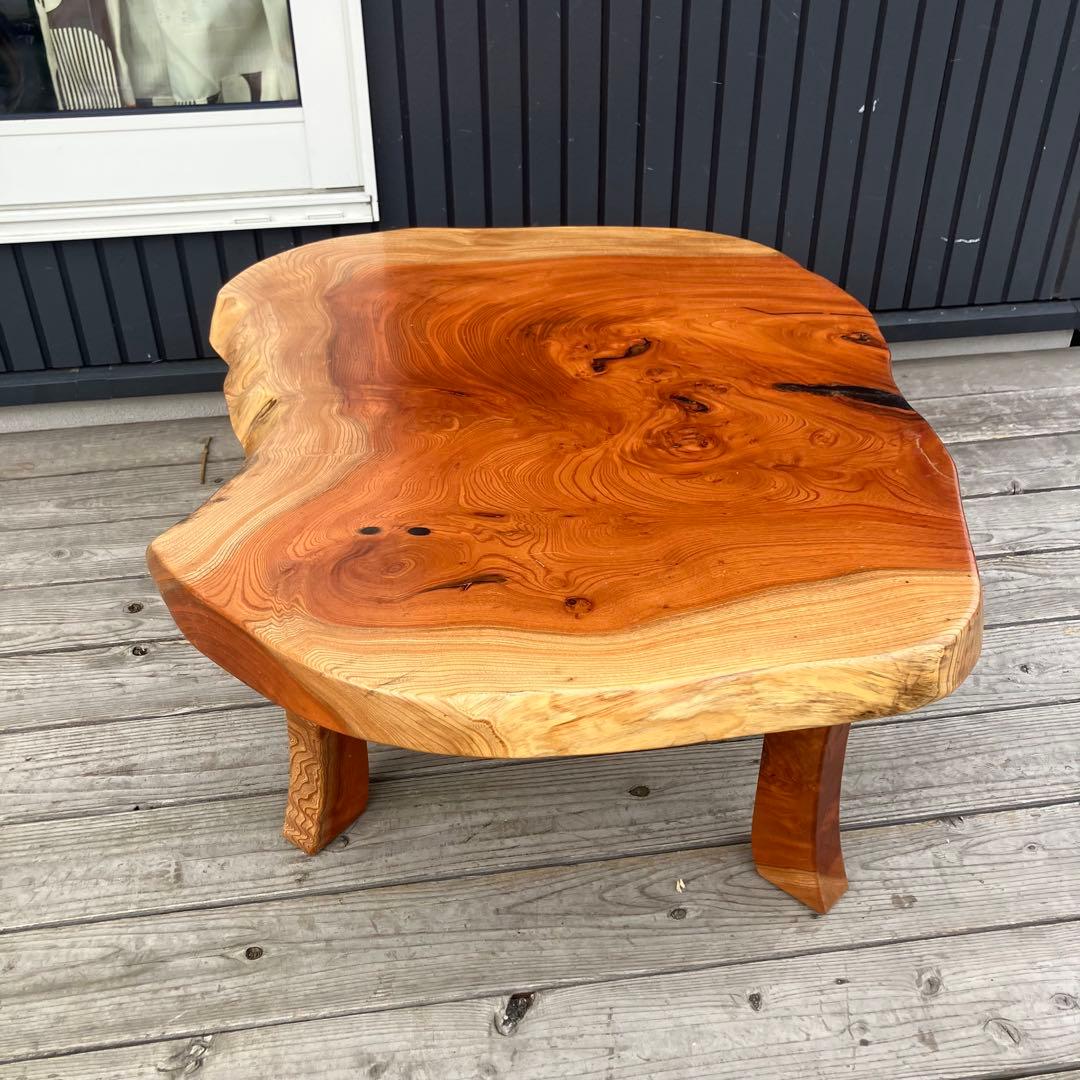 昭和レトロ 深谷木工 木製 天然木 欅材 一枚板 脚付き 座卓 センターテーブル