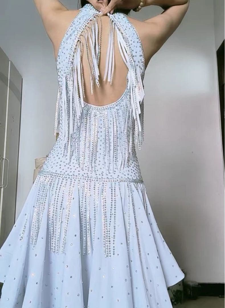 ホワイト フリンジ ダンスドレス 社交ダンスラテンダンス大会 試合 パーティー