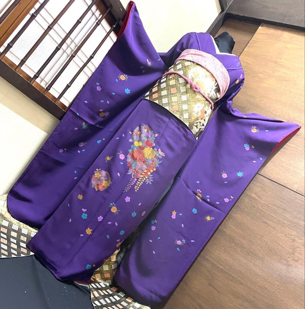 振袖 フルセット6点サイズＬ雪輪舞花文　金彩　正絹