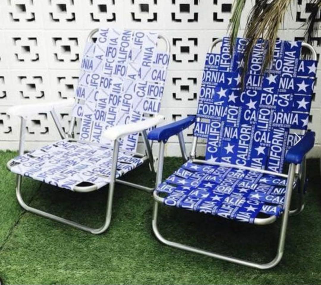 折りたたみ式 ビーチチェア　青白2脚セット　ハイバック