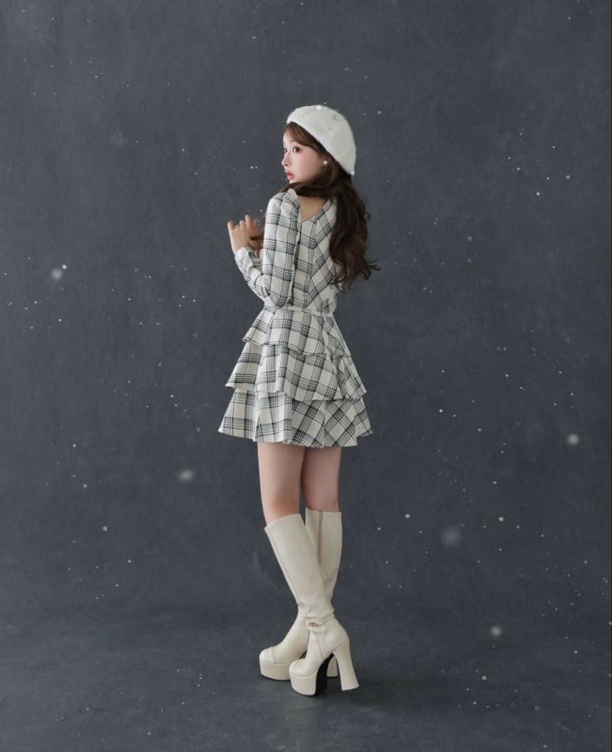 m me eme スリーブホルターチェックミニワンピース