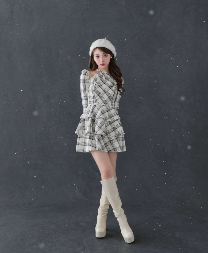 m me eme スリーブホルターチェックミニワンピース