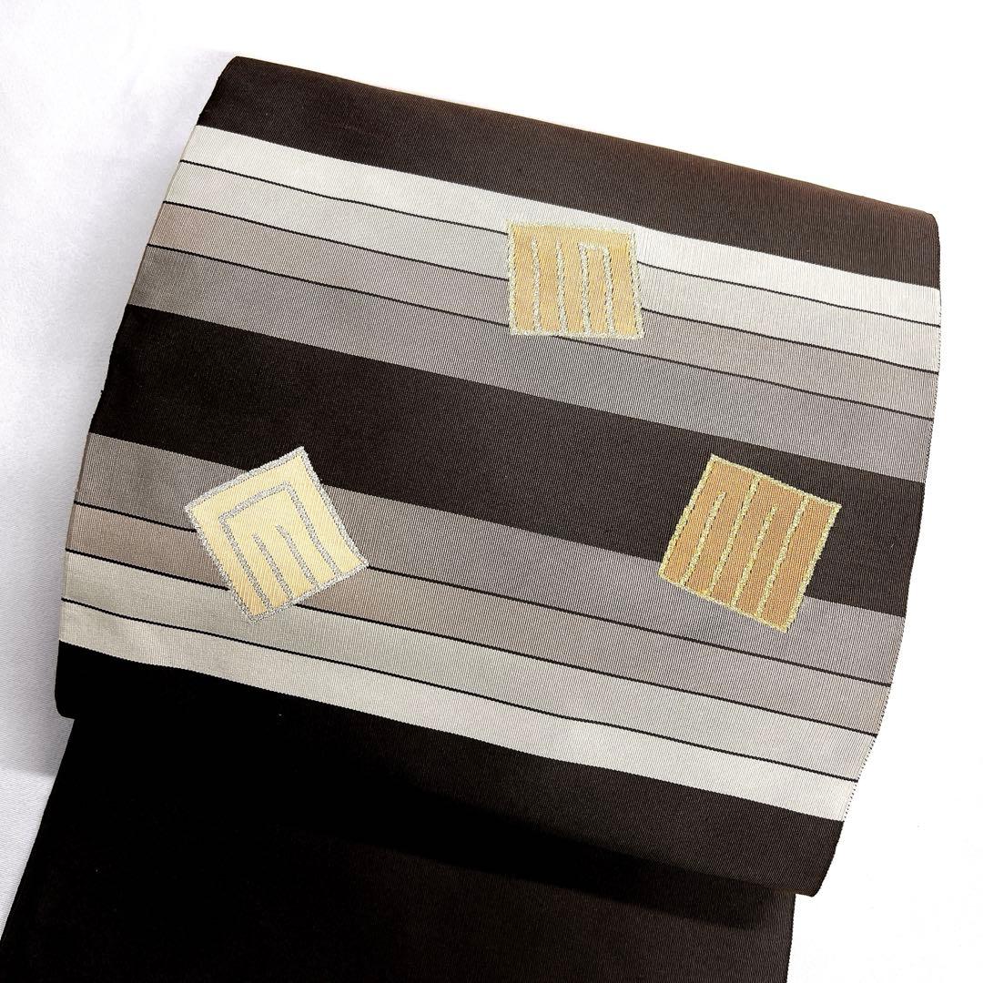 名古屋帯　松葉仕立て　綴れ織　源氏香　横縞　ブラウンカラー　着物　013tz