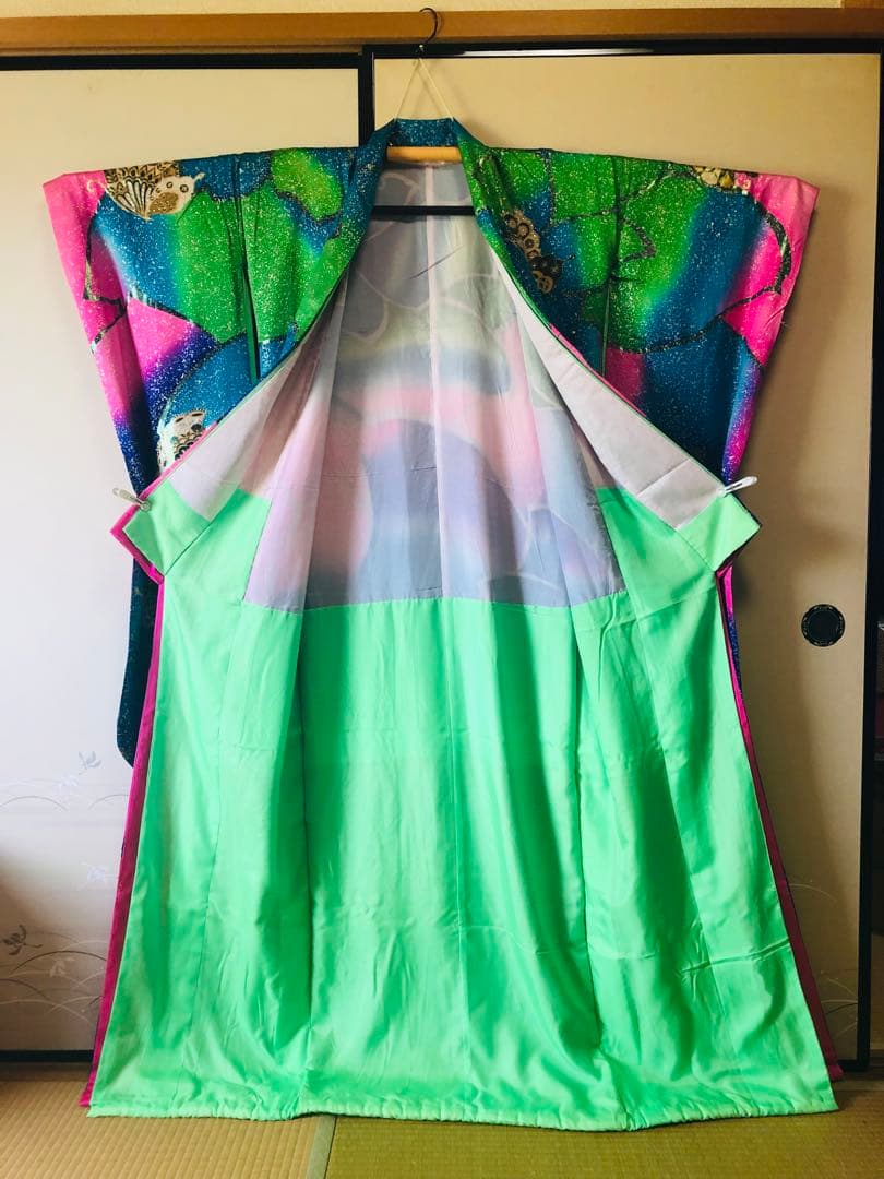 【豪華美品】引き振袖　お引きずり　衣装　婚礼　花嫁　ブルー　蝶々柄スパンコールド