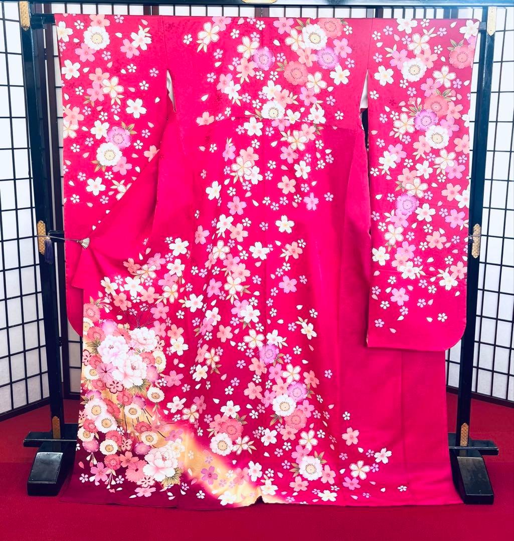 ピンク 花柄 振袖 着物Lサイズ