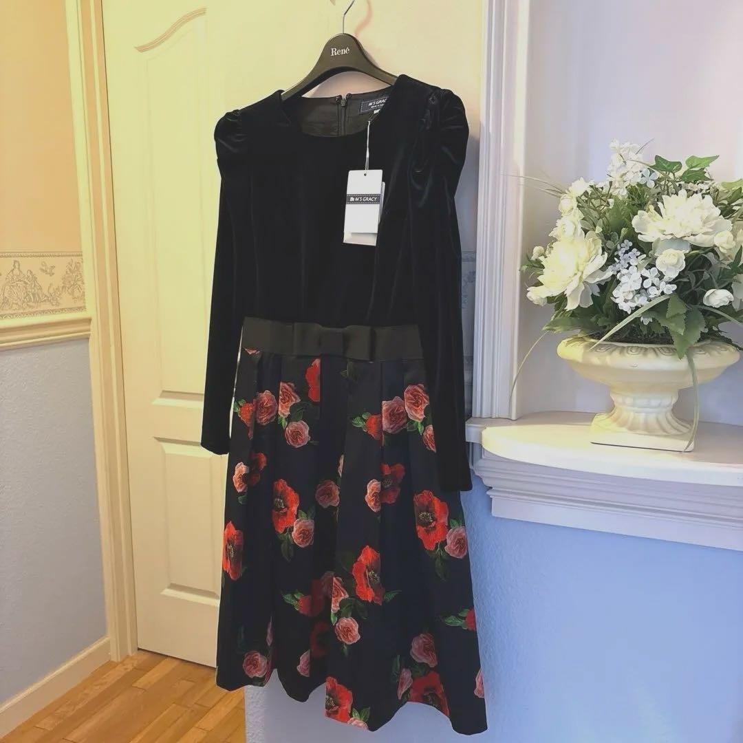 エムズグレイシー　カタログ掲載　ベロア切替お花モチーフ柄ワンピース　38