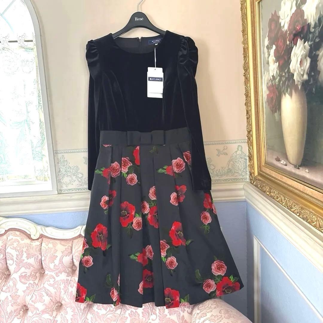 エムズグレイシー　カタログ掲載　ベロア切替お花モチーフ柄ワンピース　38