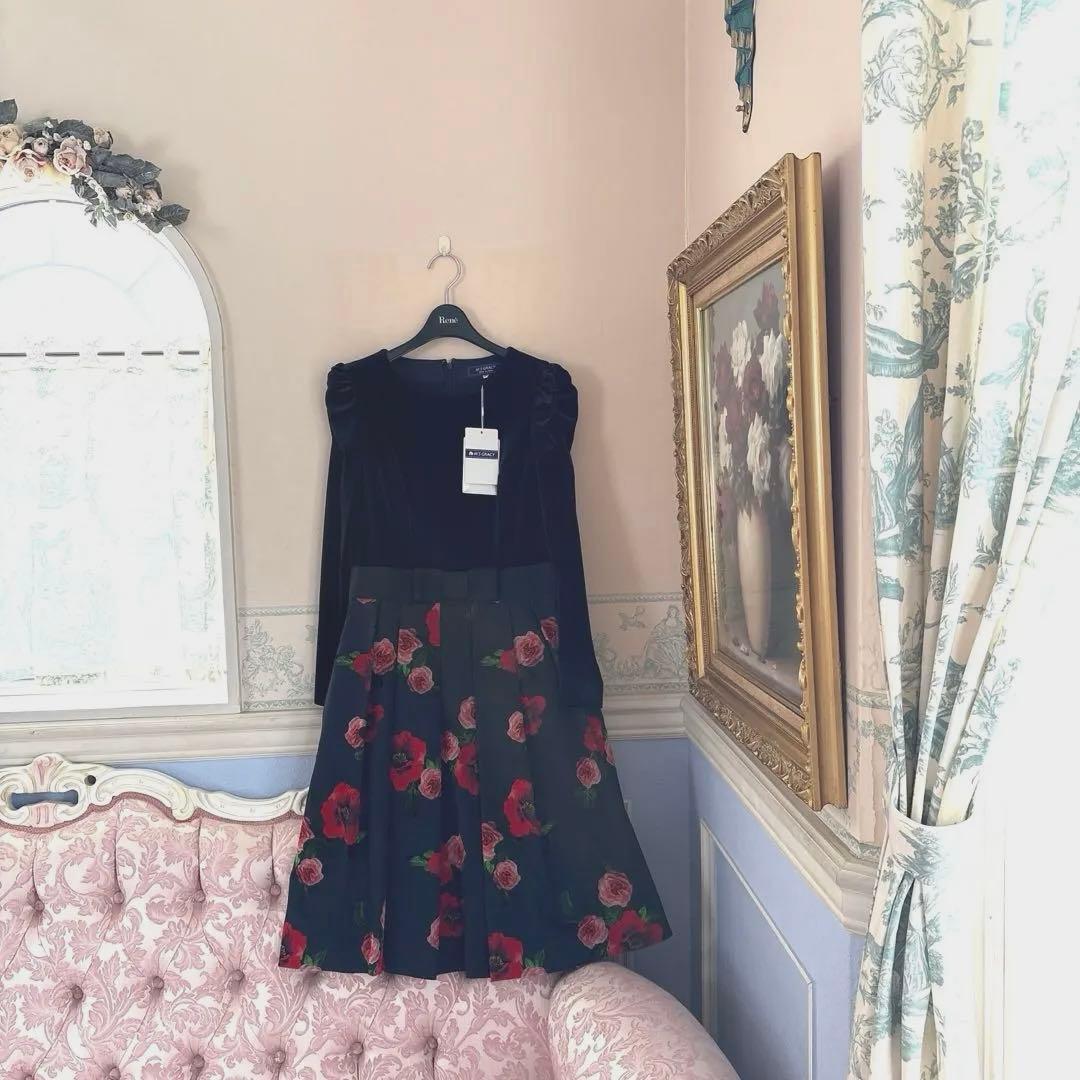 エムズグレイシー　カタログ掲載　ベロア切替お花モチーフ柄ワンピース　38