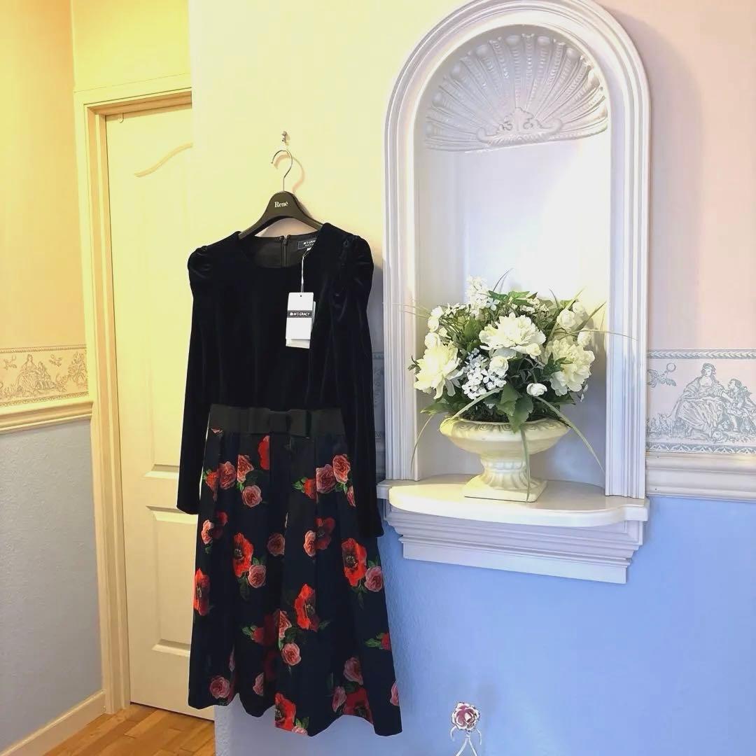 エムズグレイシー　カタログ掲載　ベロア切替お花モチーフ柄ワンピース　38