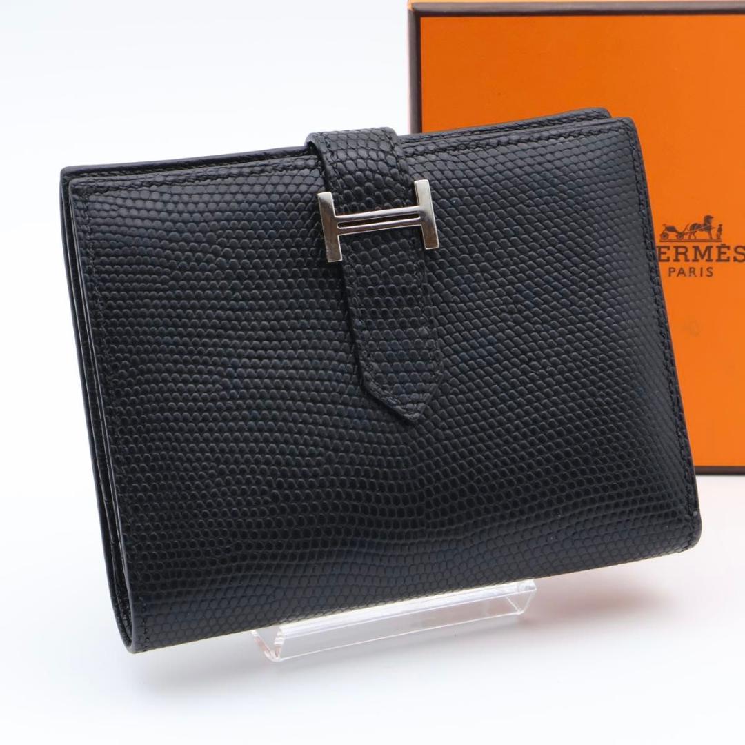 鑑定書付き【極美品】HERMES ベアンコンパクト　リザード　二つ折り財布　黒