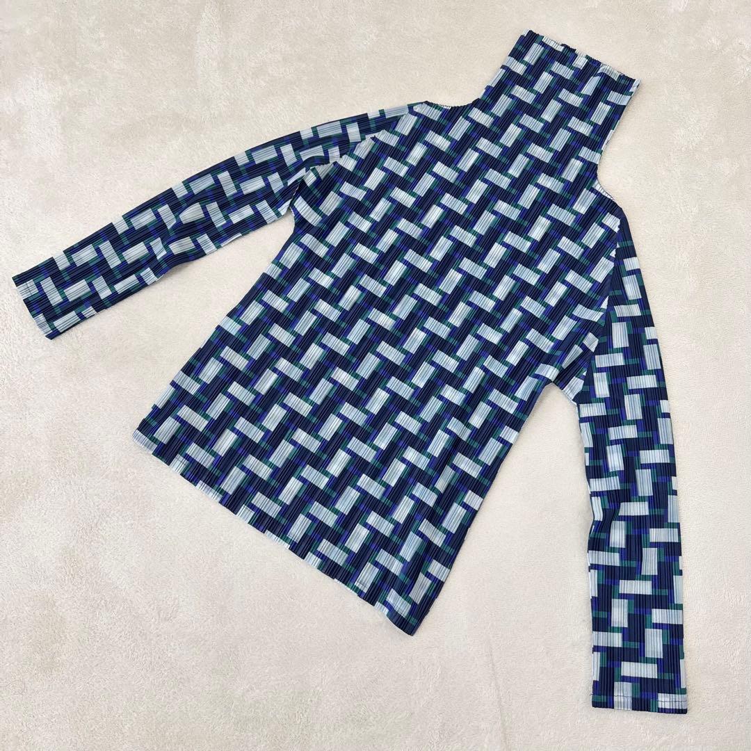 極美品✨PLEATS PLEASE プリーツ　ネイビー　白色　ハイネック　長袖