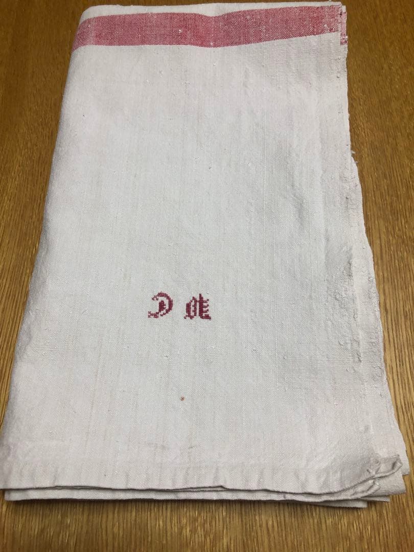 アンティーク　フランス　リュスティックなシャンブル麻大判テーブルクロス　839g