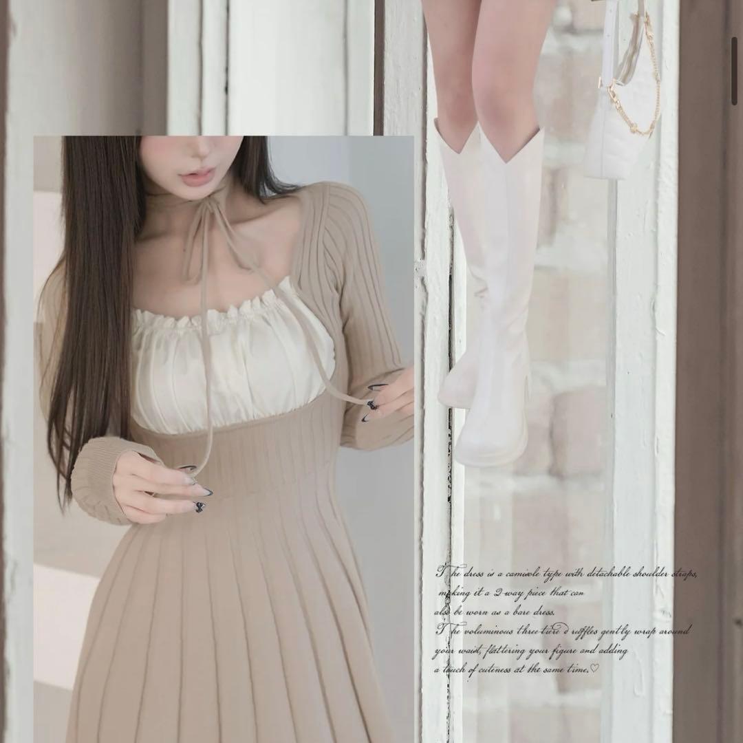 Darich ダーリッチ ネックリボンデザインフレアニットミニワンピース