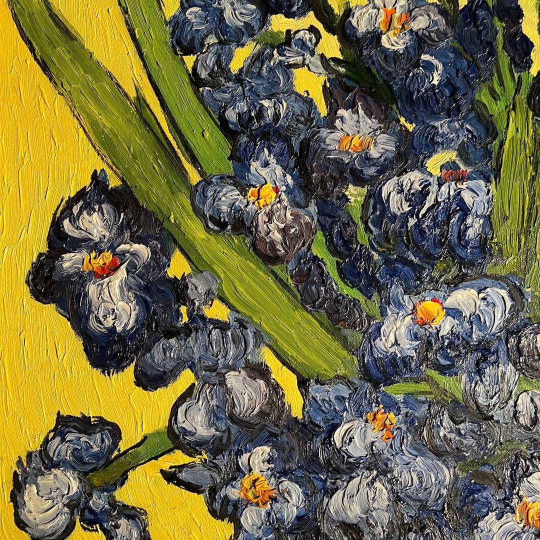 ★秀作★ 手書き油絵 ゴッホ アイリスのある花瓶 額付 絵画 インテリア 油彩画