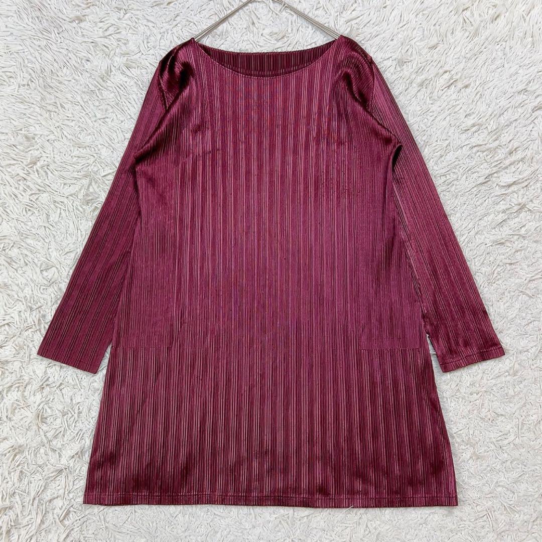 プリーツプリーズ イッセイミヤケ 長袖 チュニック 3 バーガンディ 光沢感