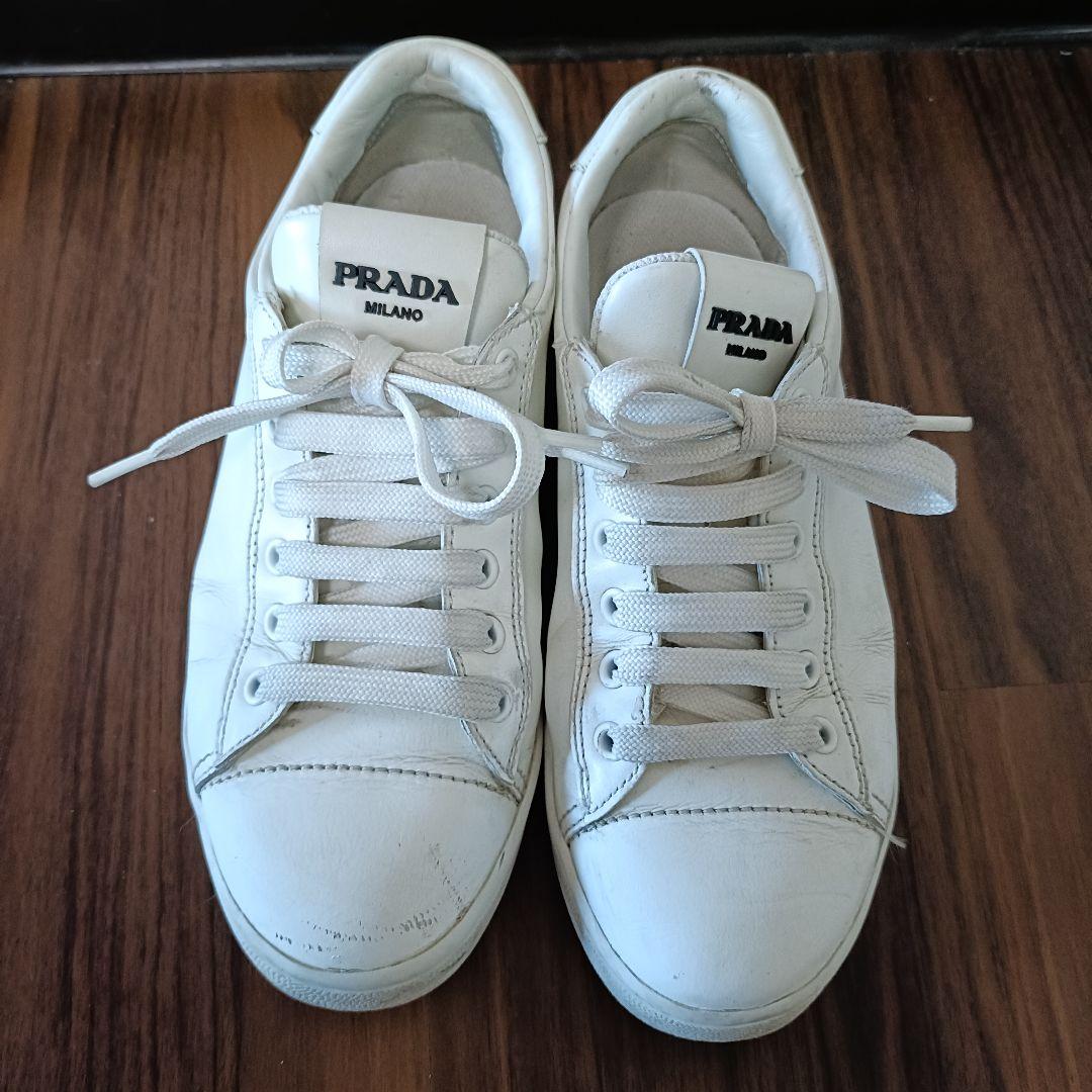 良品◎PRADA プラダ スニーカー ロゴ レザー 靴 白 ホワイト 24cm