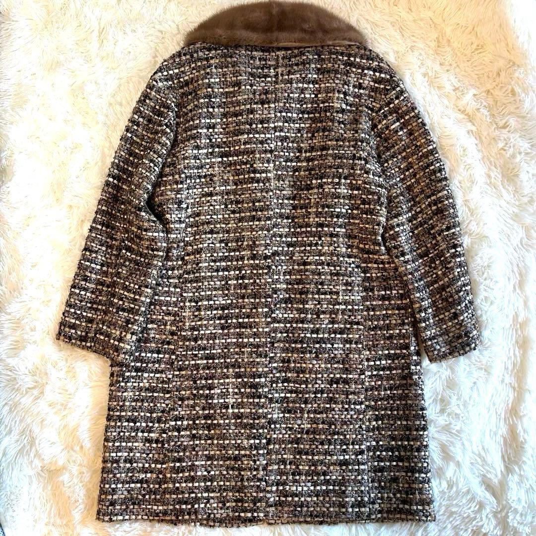￼ 【美品】グレースクラス ビジュー付ミンクファー　ツイードノーカラーコート