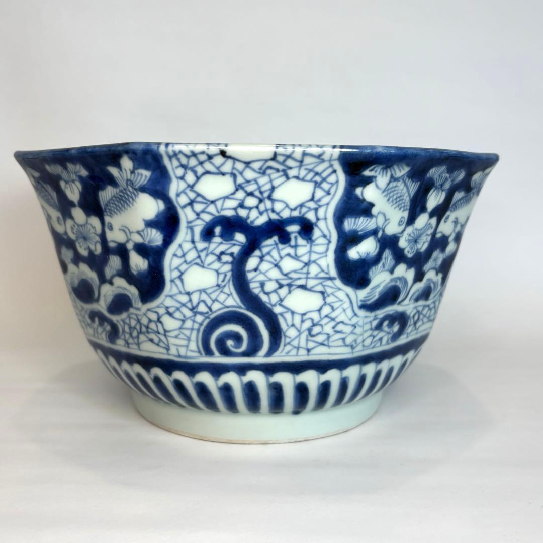 古伊万里　金魚　梅　波　八角鉢