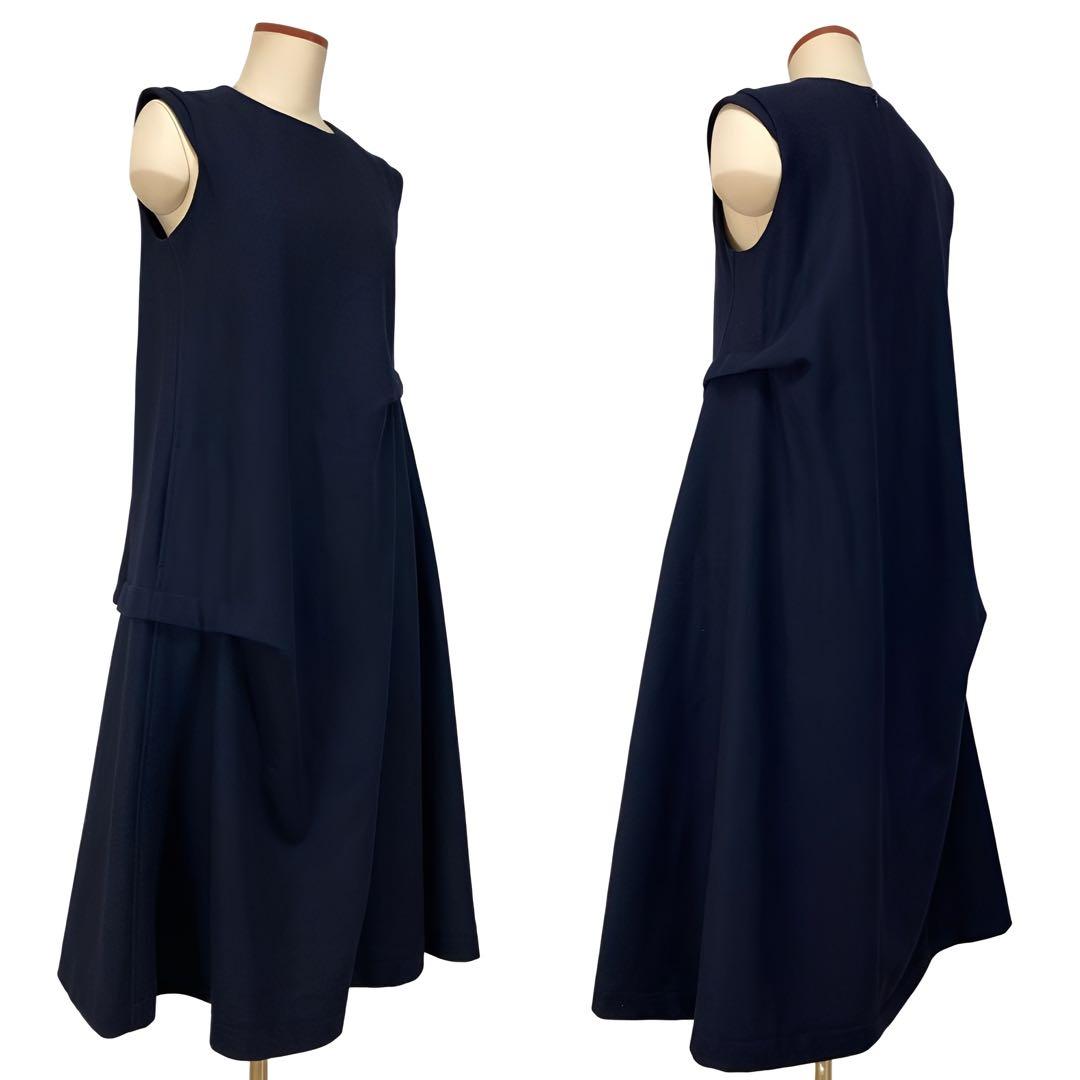 美品 Y's ワイズ ランダムタック フレンチスリーブ ワンピース ネイビー1