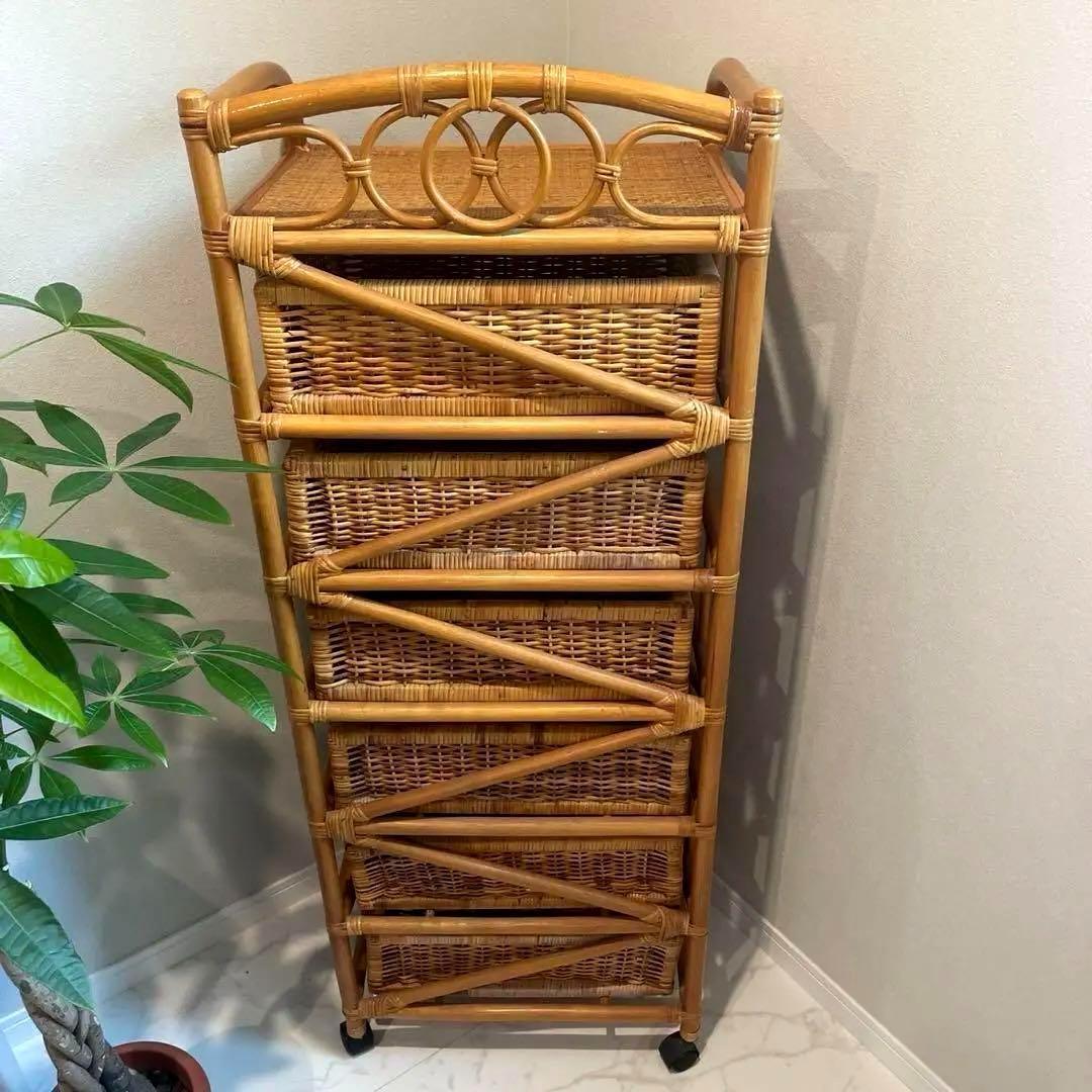 l*い様 カザマ　ラタン　籐　6杯チェスト　引き出し　収納　昭和レトロ　キャスタ