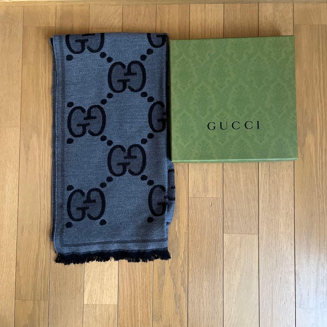 【試着のみ】GUCCI GGロゴ マフラー ストール　グレー ブラック
