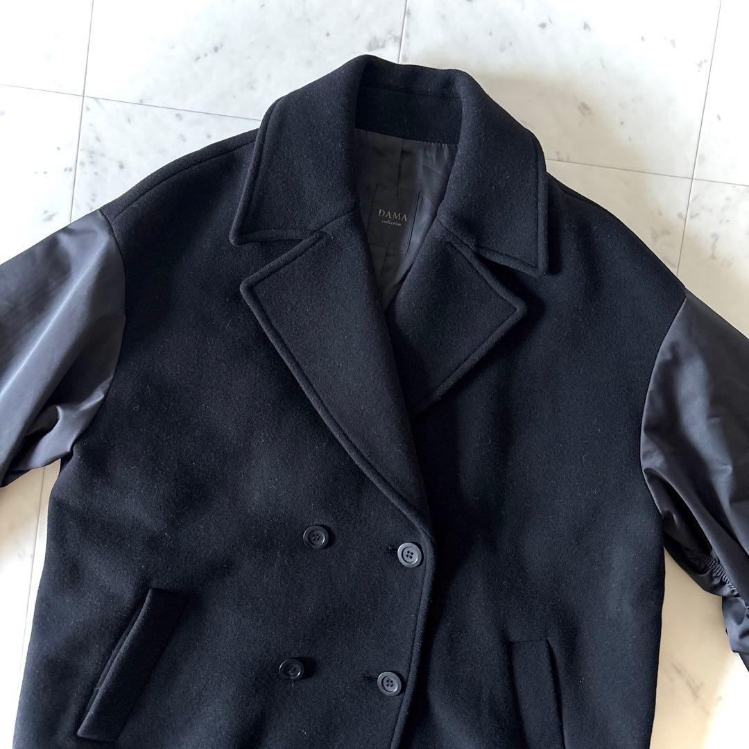 美品 ダーマコレクション 異素材切替 ウールコート ブラック 13AR ゆったり