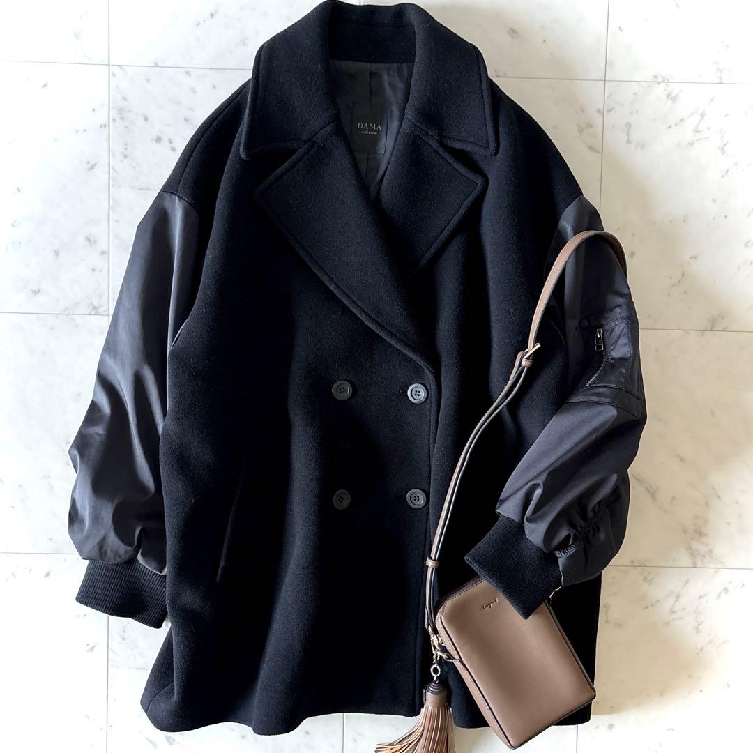 美品 ダーマコレクション 異素材切替 ウールコート ブラック 13AR ゆったり