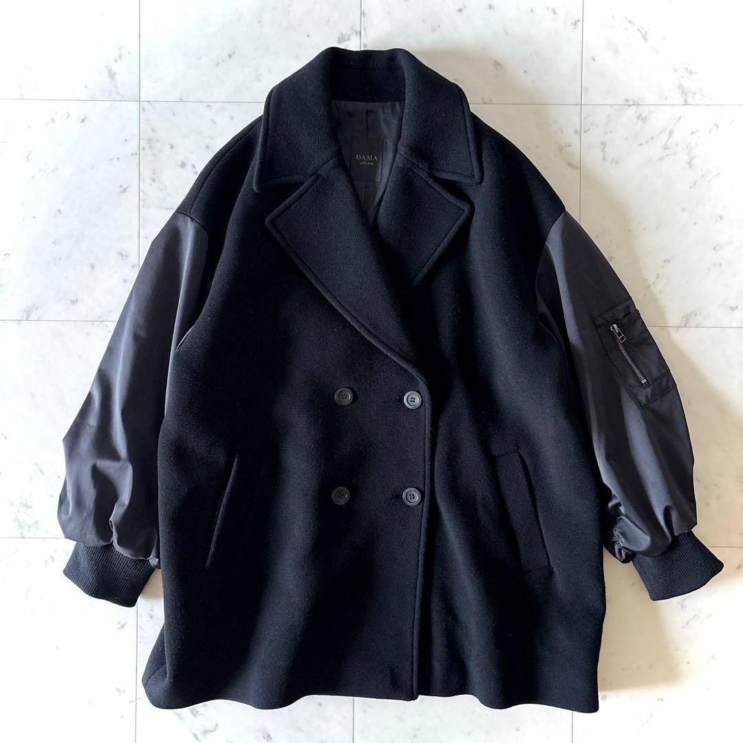 美品 ダーマコレクション 異素材切替 ウールコート ブラック 13AR ゆったり