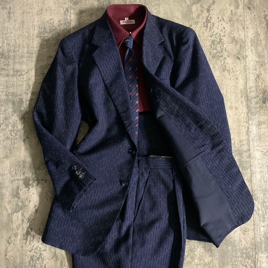 極美品 濃紺 霜降りストライプ セットアップ × OLD GUCCI ネクタイ