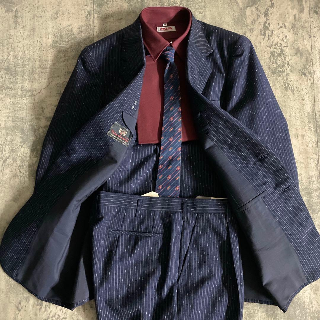 極美品 濃紺 霜降りストライプ セットアップ × OLD GUCCI ネクタイ