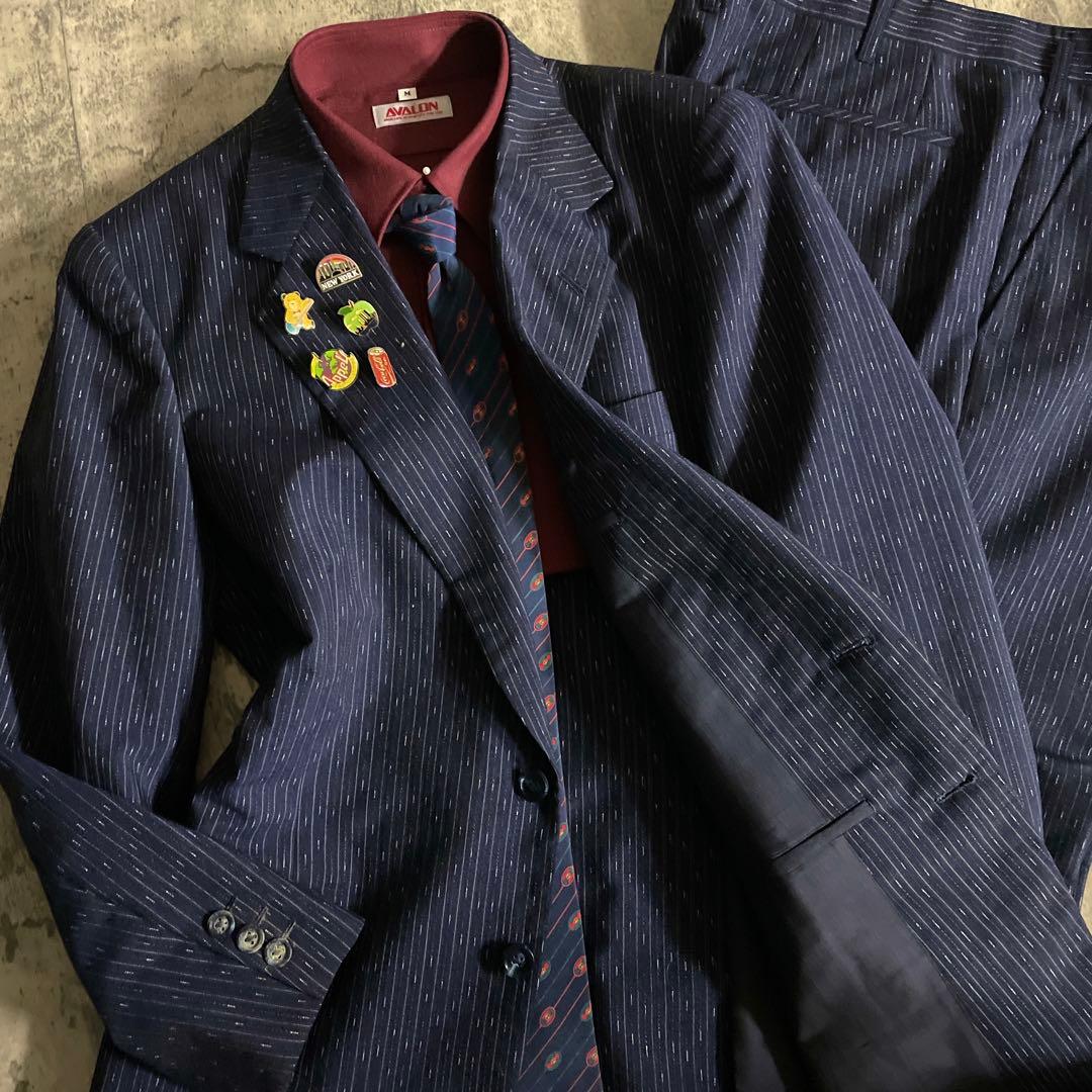 極美品 濃紺 霜降りストライプ セットアップ × OLD GUCCI ネクタイ