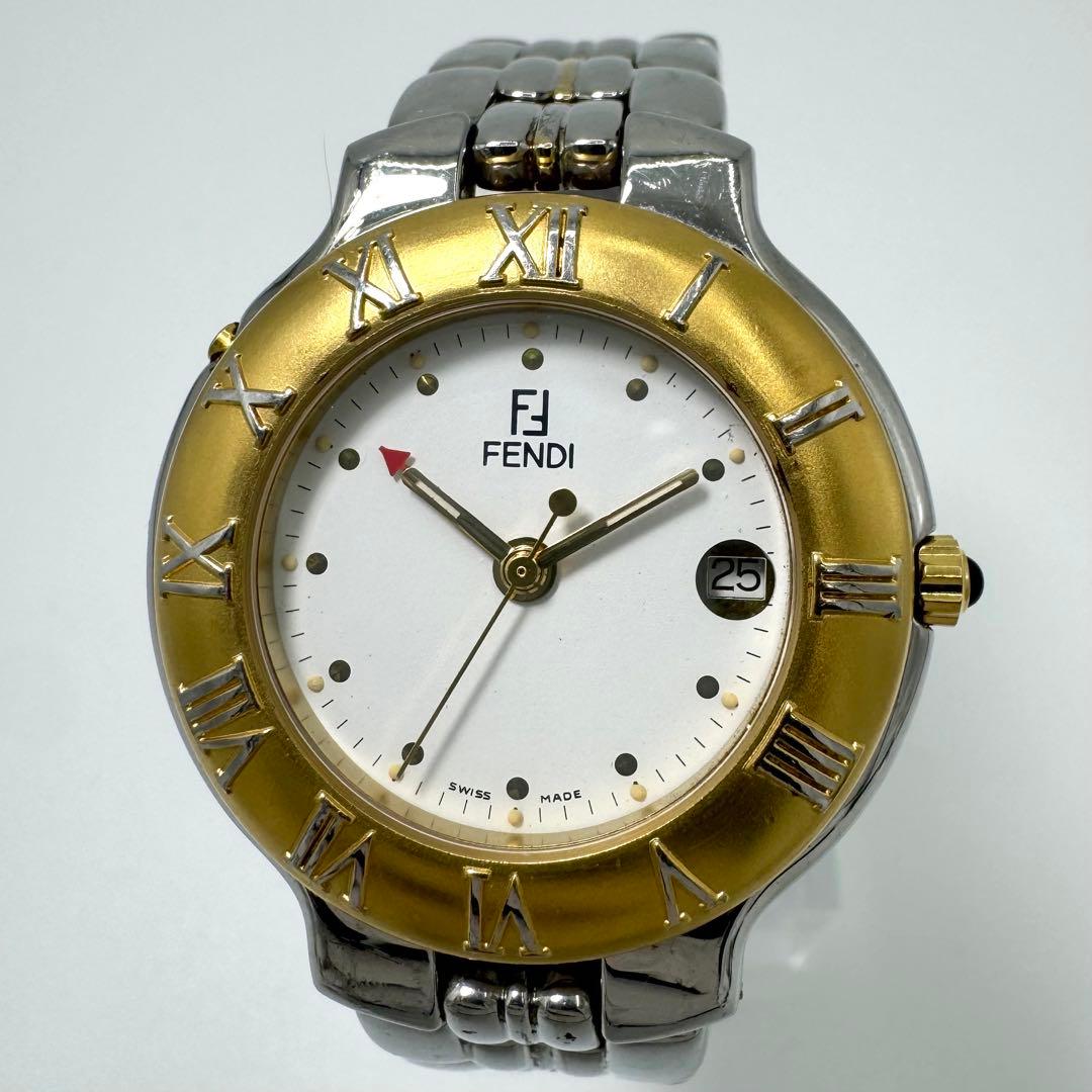 稼働 FENDI デイト ラウンド シルバー×ゴールド レディース腕時計