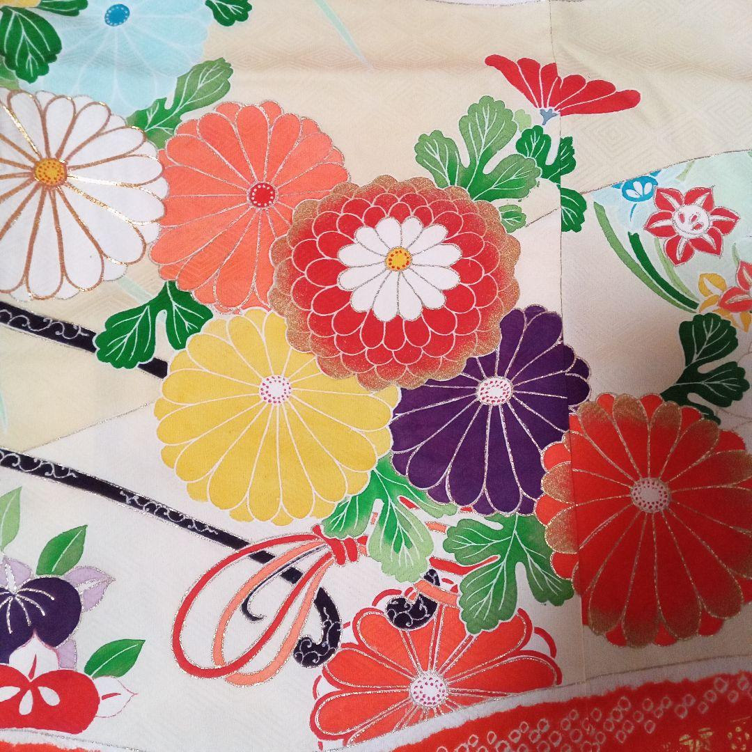 振り袖リメイクセットアップ 鹿の子絞り、花車、金駒刺繍入り