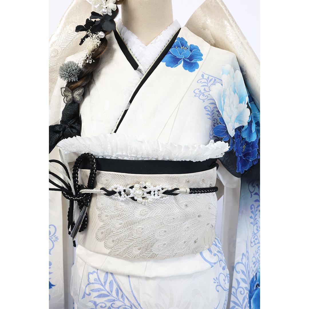 ホワイト系◆振袖7点セット ◆161cmフルセット白青水色成人式ギャル系Sw30