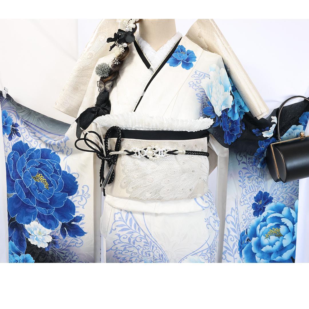 ホワイト系◆振袖7点セット ◆161cmフルセット白青水色成人式ギャル系Sw30