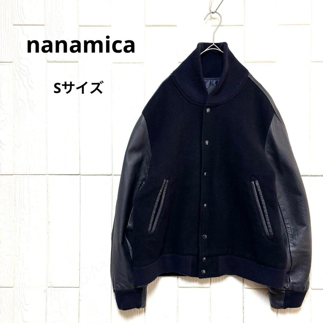 希少 nanamica ナナミカ 袖レザー メルトン スタジャン ネイビー色 S